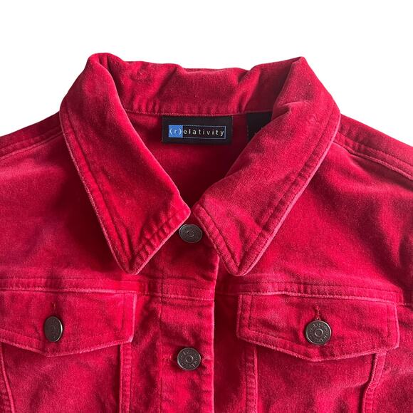 Relativity Red Velour Trucker Jacket PM Petite Medium Soft Cotton Blend - Picture 2 of 13